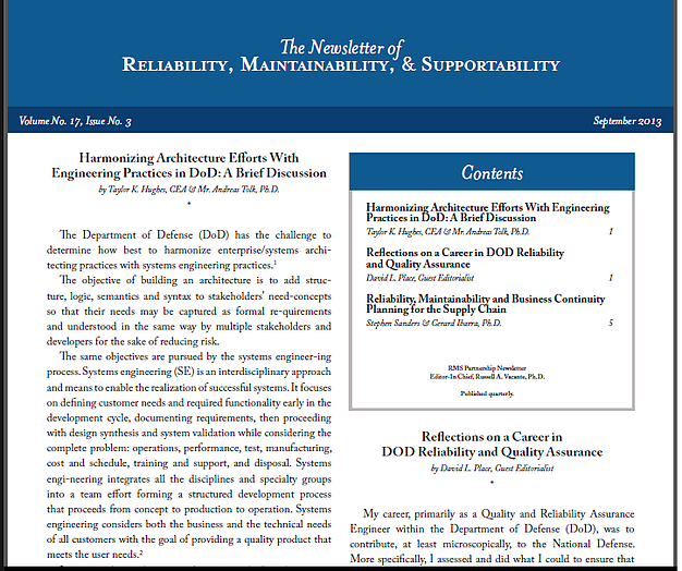 Alt text: "Newsletter of Reliability, Maintainability, & Supportability, Volume 17 Issue 3, September 2013, featuring Taylor Hughes's article 'Harmonizing Architecture Efforts With Engineering Practices in DoD: A Brief Discussion.