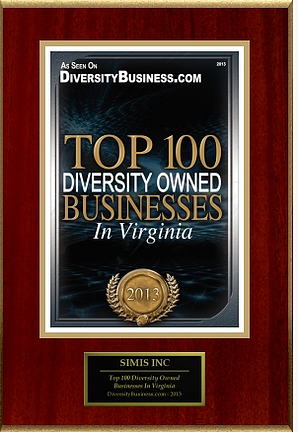 Award plaque for Top 100 Diversity Owned Businesses in Virginia 2013, presented to SimIS Inc by DiversityBusiness.com.