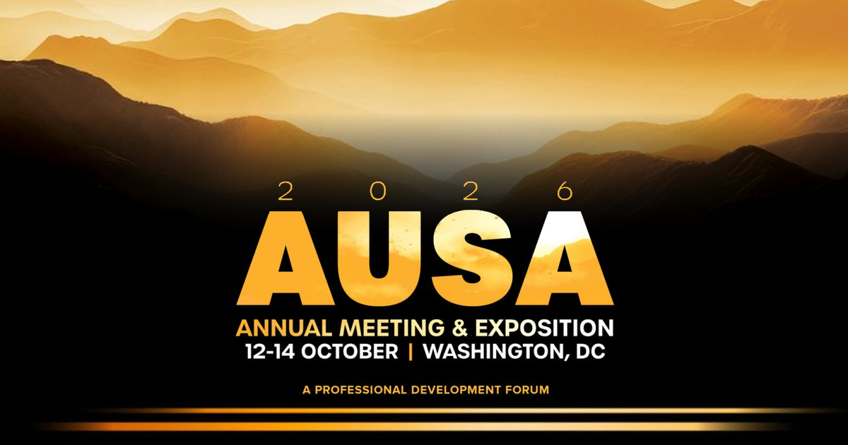 AUSA 2026 Annual Meeting and Exposition, October 12 to 14 in Washington, DC. Event graphic with gold mountain ridges fading into a black background.