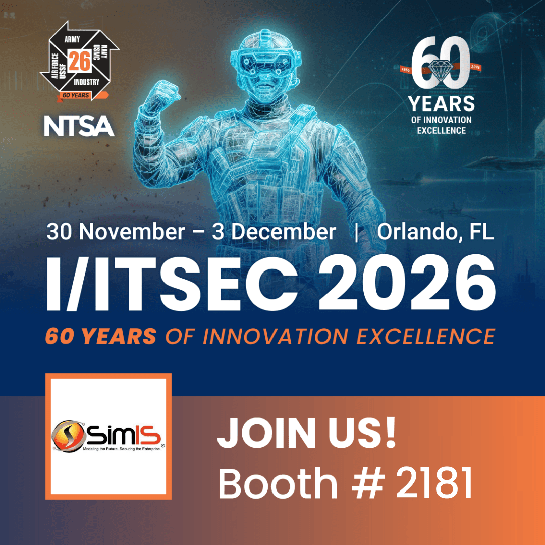 I/ITSEC 2026 promotional graphic showing a glowing blue wireframe soldier raising a fist. Text reads I/ITSEC 2026, 60 Years of Innovation Excellence, November 30 to December 3, Orlando, FL. The SimIS logo appears at bottom left with the message Join us! B