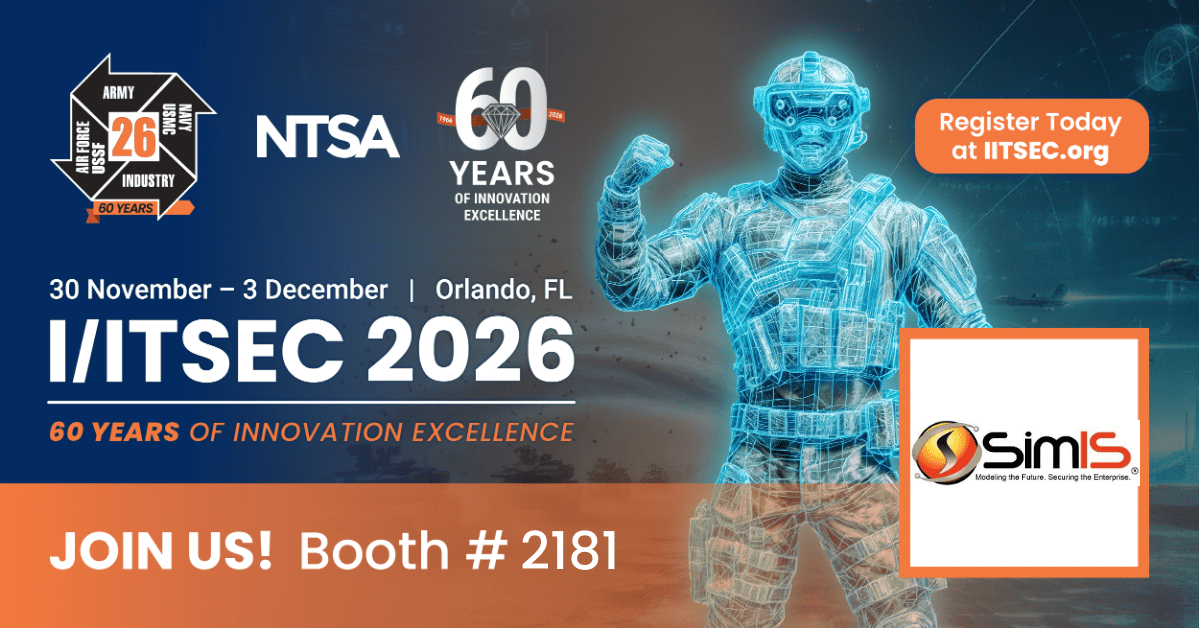 I/ITSEC 2026 promotional graphic showing a glowing blue wireframe soldier raising a fist. Text reads I/ITSEC 2026, 60 Years of Innovation Excellence, November 30 to December 3, Orlando, FL. The SimIS logo appears at bottom left with the message Join us! B